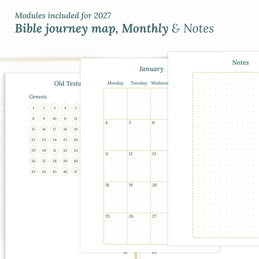 Bible study kit PDF printable inserts with modules for 2027 featuring a Bible journey map, monthly and a Notes module