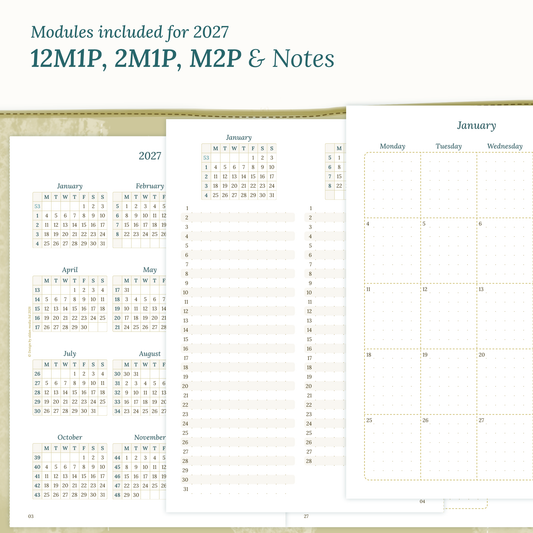 PDF printable inserts 2027 on a white background with yearly, future log, monthly and notes