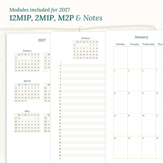 PDF printable inserts 2027 on a white background with yearly, future log, monthly and notes