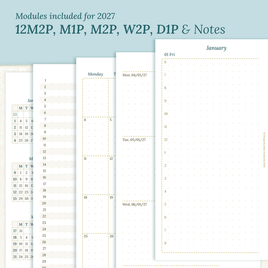 PDF printable inserts 2027 on a ming/blue green background with yearly, future log, monthly, weekly, daily and notes