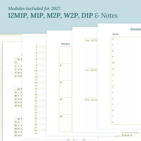 PDF printable inserts 2027 on a ming/blue green background with yearly, future log, monthly, weekly, daily and notes