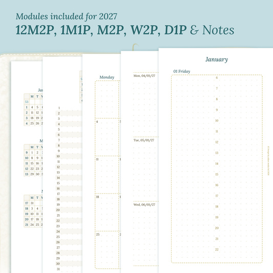 PDF printable inserts 2027 on a ming/blue green background with yearly, future log, monthly, weekly, daily and notes