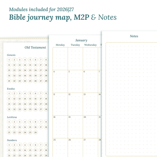 Printable Bible study kit inserts with modules for the years 2026 and 2027 featuring a Bible journey map, M2P Month on 2 pages and a Notes.