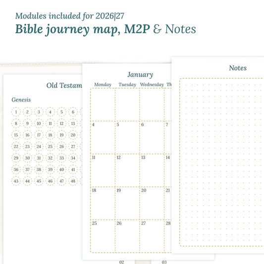Printable Bible study kit inserts with modules for the years 2026 and 2027 featuring a Bible journey map, M2P Month on 2 pages and a Notes.