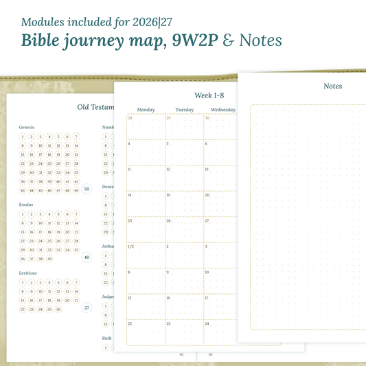 Printable Bible study kit inserts with modules for the years 2026 and 2027 featuring a Bible journey map, 9W2P 9 weeks on 2 pages and a Notes module.