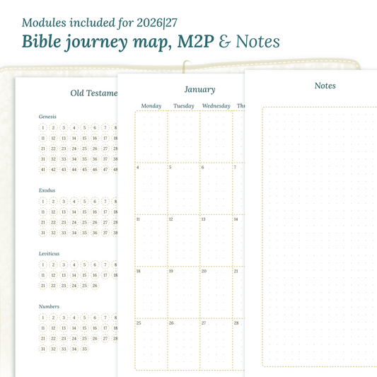 Printable Bible study kit PDF printable inserts with modules for the years 2026 and 2027 featuring a Bible journey map, M2P Month on 2 pages and a Notes module.