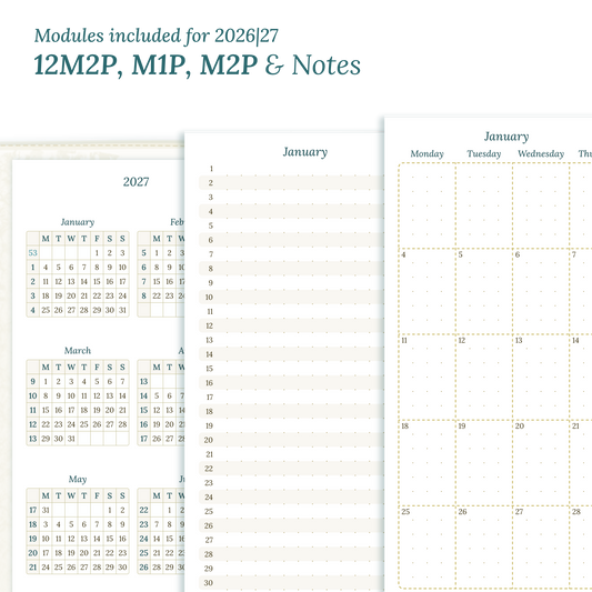Calendar PDF printable inserts modules of this Bundle for the years 2026 and 2027 with various formats featuring 12M2P 12 month on 2 pages, M1P future log month on 1 page, M2P month on 2 pages and a Notes.