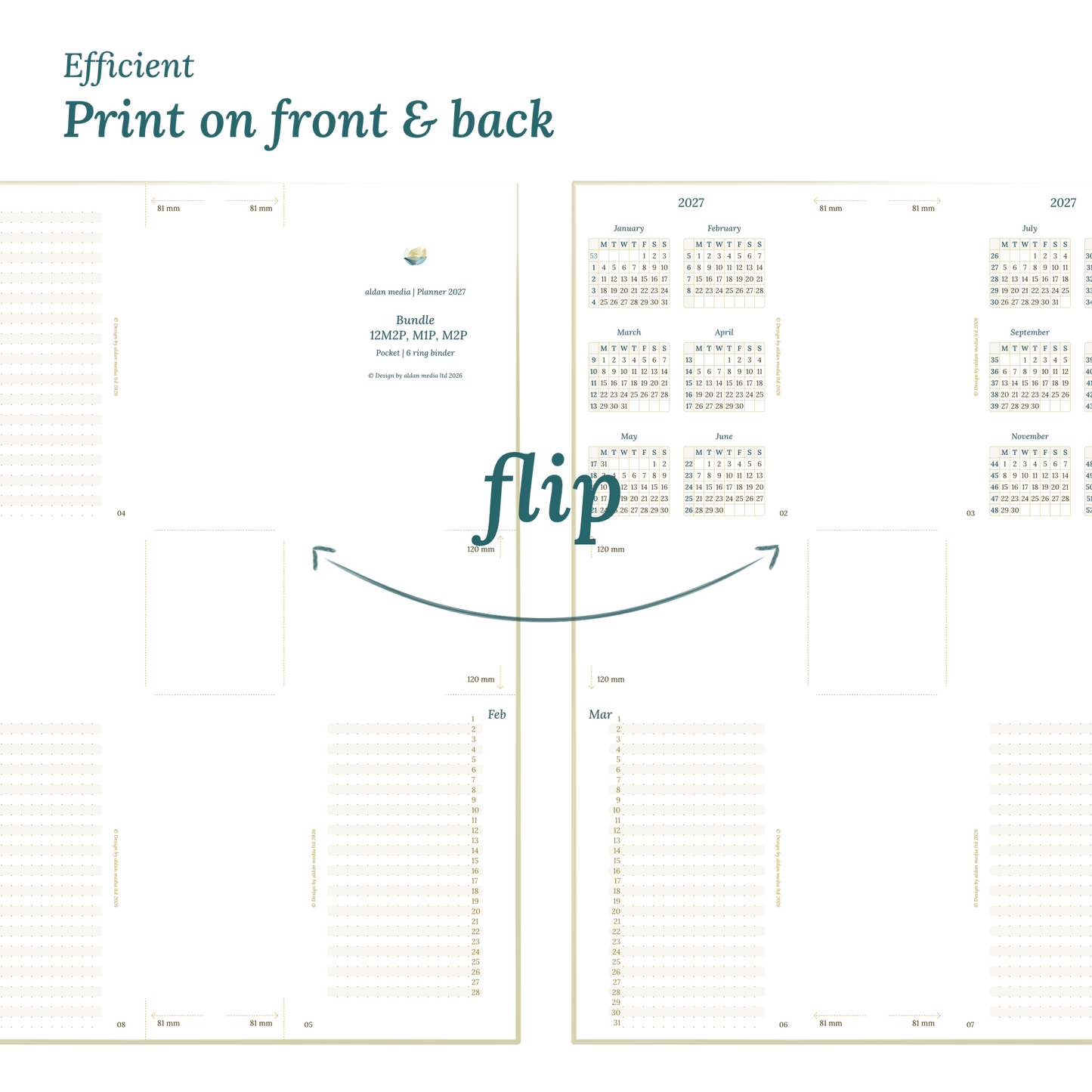 Printable PDF calendar design with a title and text indicating efficient printing on front and back of the A4 page for Pocket for 6 ring binder planner.