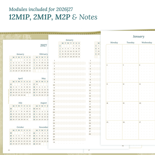 Calendar PDF printable inserts modules of this Bundle for the years 2026 and 2027 with various formats featuring 12M1P 12 month on 1 page, 2M1P future log 2 months on 1 page, M2P month on 2 pages and a Notes.