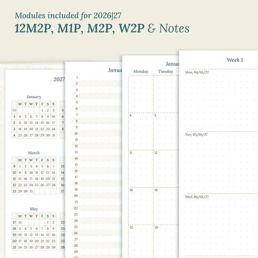Calendar PDF printable inserts modules for the years 2026 and 2027 with various formats on a beige background featuring 12M2P 12 month on 2 pages, M1P future log month on 1 page, M2P month on 2 pages, W2P week on 2 pages and a Notes.
