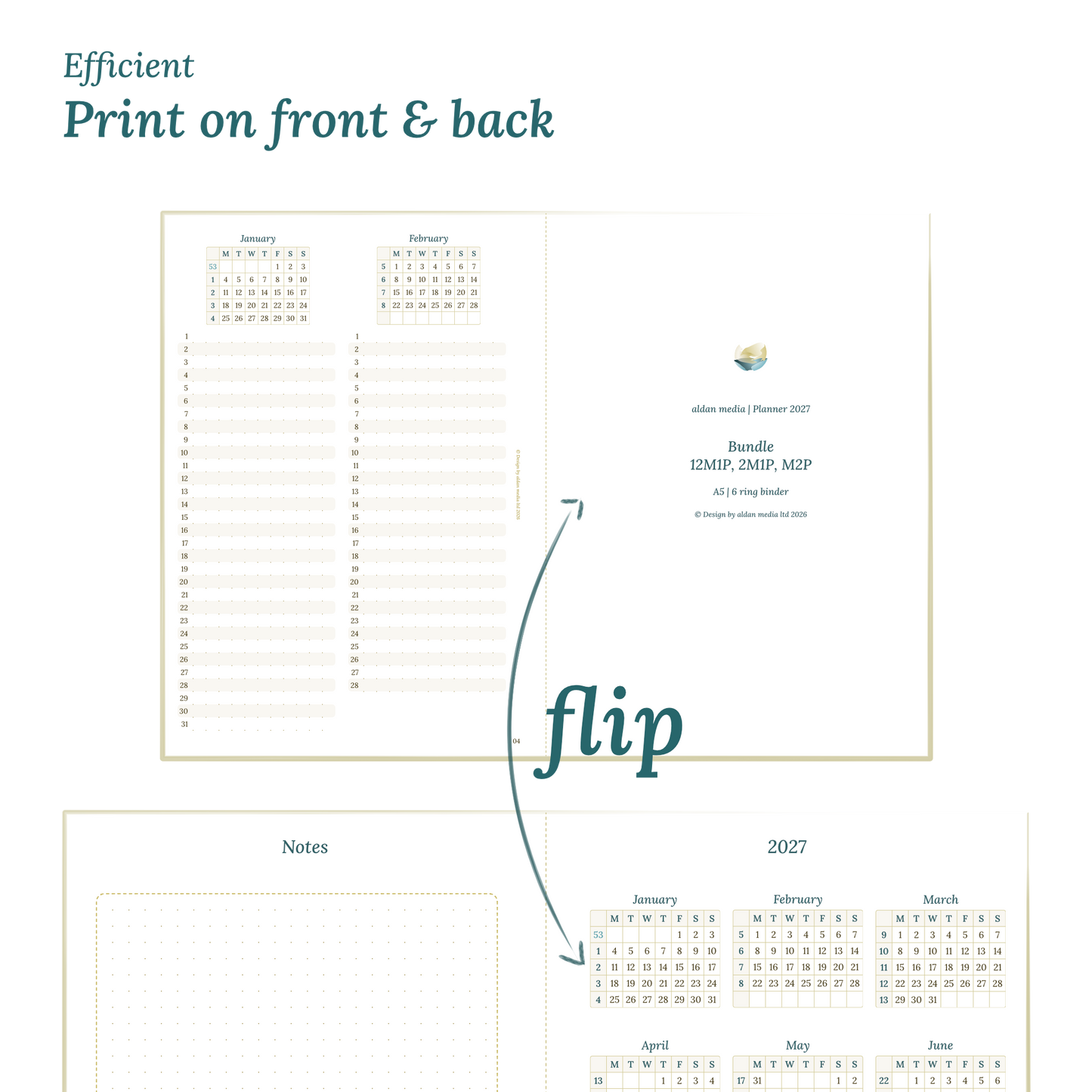 Printable PDF calendar title design and text indicating efficient printing on front and back.