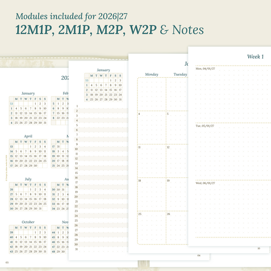 Calendar printable inserts modules for the years 2026 and 2027 with various formats on a beige background featuring 12M1P 12 month on 1 page, 2M1P future log 2 months on 1 page, M2P month on 2 pages, W2P week on 2 pages and a notes.