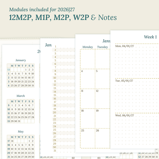 Calendar PDF printable inserts modules for the years 2026 and 2027 with various formats on a beige background featuring 12M2P 12 month on 2 pages, M1P future log month on 1 page, M2P month on 2 pages, W2P week on 2 pages and a Notes.