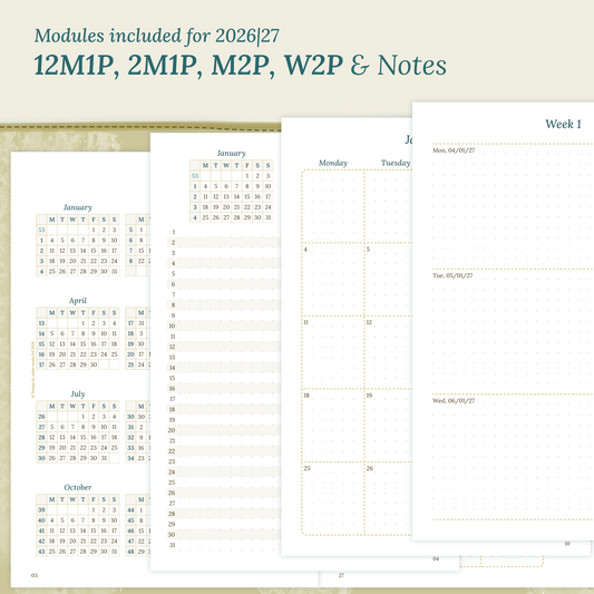 PDF printable inserts 2027 on a beige background with yearly, future log, monthly, weekly and notes