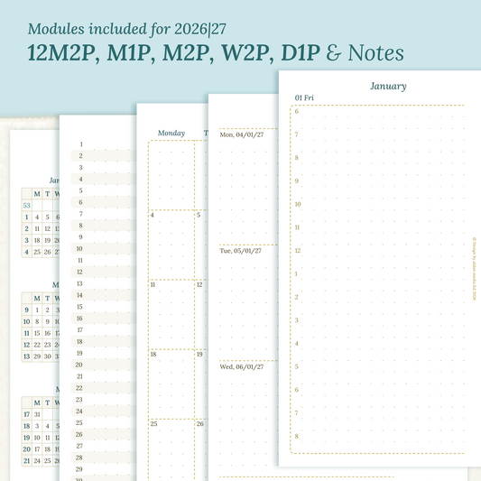 Calendar PDF printable inserts modules for the years 2026 and 2027 with various formats on a ming/blue background featuring 12M2P 12 month on 2 pages, 2M1P future log months on 1 page, M2P month on 2 pages, W2P week on 2 pages, D1P day on 1 page and a Notes.