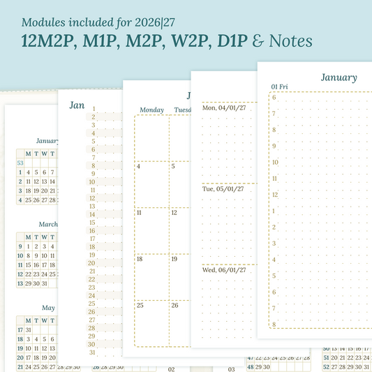 Calendar PDF printable inserts modules for the years 2026 and 2027 with various formats on a ming/blue background featuring 12M2P 12 month on 2 pages, M1P future log month on 1 page, M2P month on 2 pages, W2P week on 2 pages, D1P day on 1 page and a Notes.