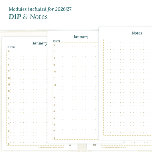 Printable PDF calendar inserts module for the years 2026 and 2027 featuring D1P day on 1 page and a Notes.