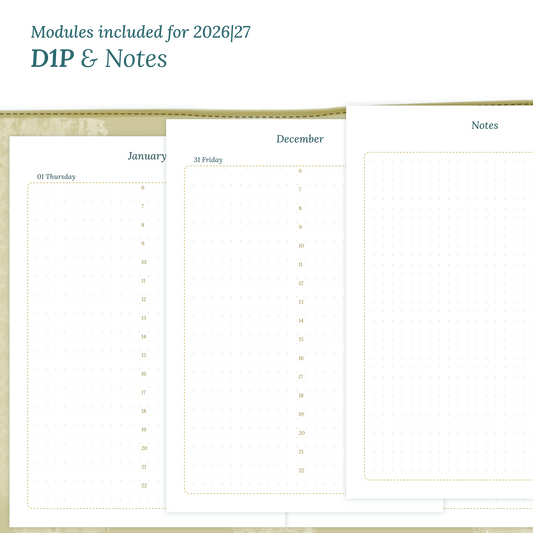 Printable PDF calendar inserts modules for the years 2026 and 2027 featuring D1P day on 1 page and a Notes.