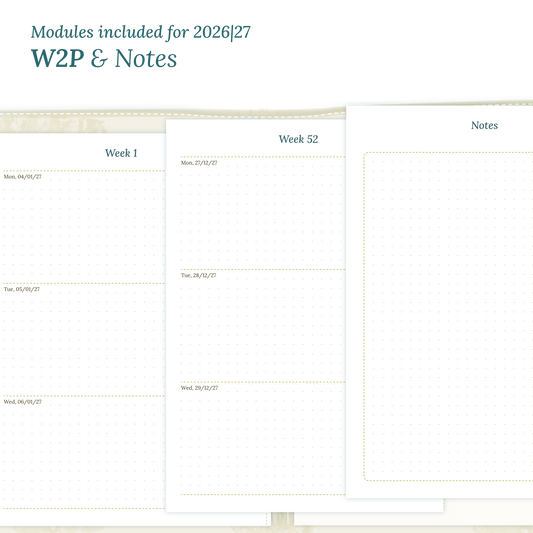Calendar PDF printable inserts module for the years 2026 and 2027 featuring W2P week on 2 pages and a Notes module.