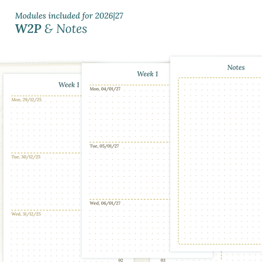 Calendar PDF printable inserts module for the years 2026 and 2027 featuring W2P week on 2 pages and a Notes module magnified.