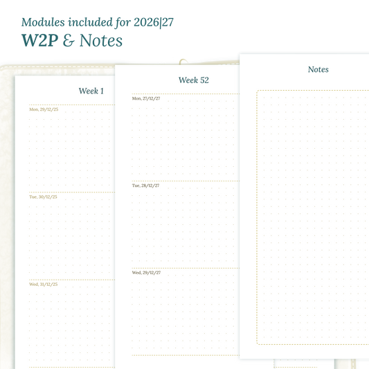 Calendar PDF printable inserts module for the years 2026 and 2027 featuring W2P week on 2 pages and a Notes module magnified.