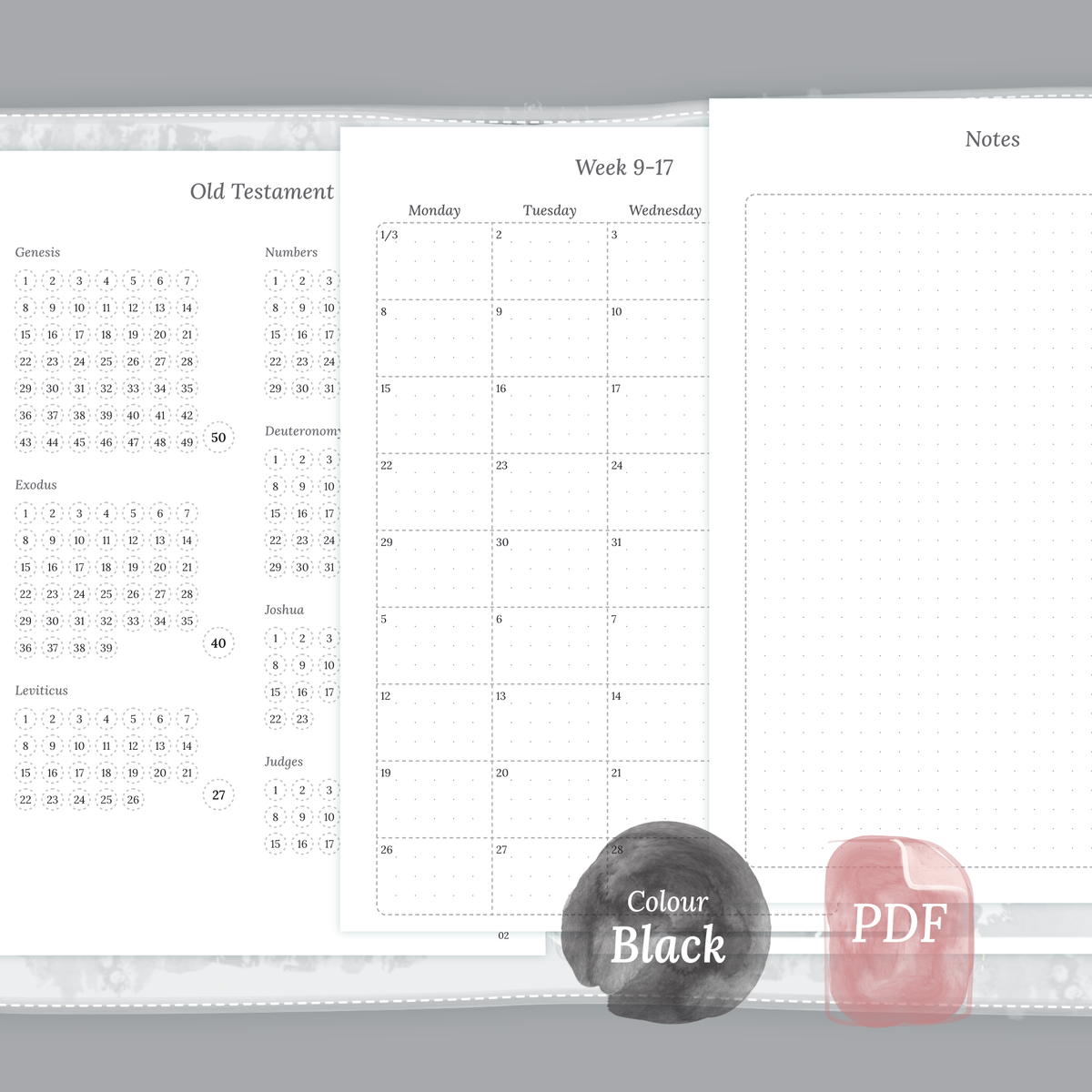 Black & White themed Bible journey map, Monthly and Notes for A5 Ring Binder planner