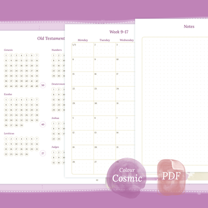 PDF printable Bible study kit inserts Bible journey map, Monthly and Notes in the colour Cosmic/Raspberry A5