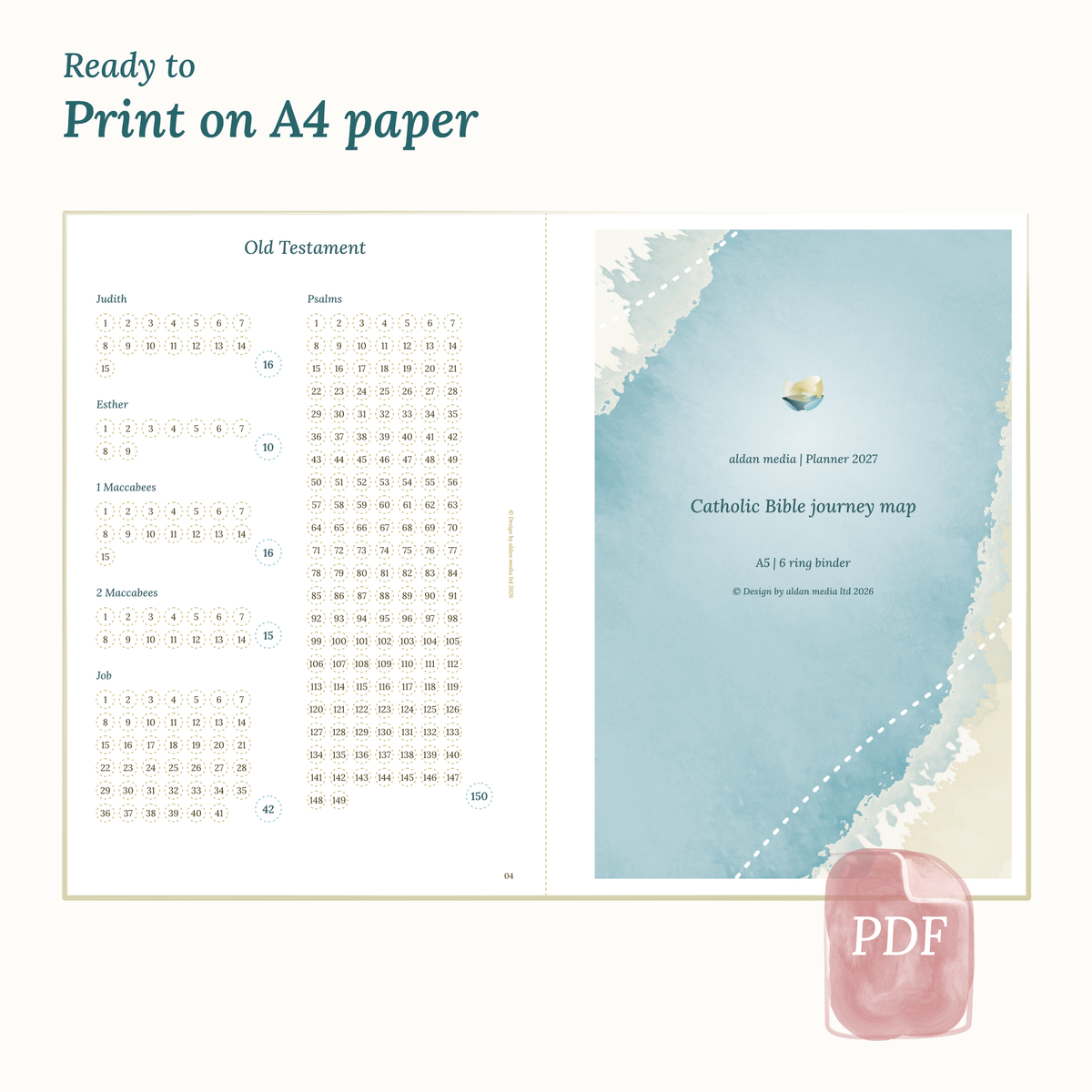 Dimensions labeled on a white background showing A5 Ring Binder Calendar PDF printable planner size