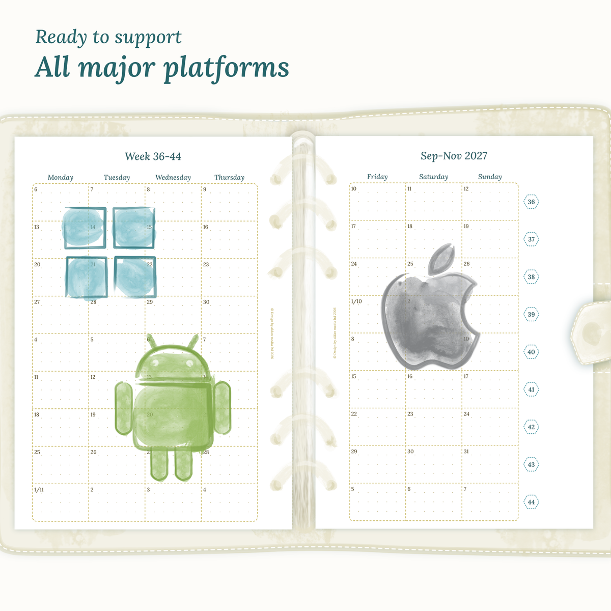 Open planner insert next to Windows, Android, and Apple logos indicating operating system compatibility