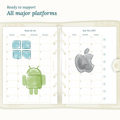 Open planner insert next to Windows, Android, and Apple logos indicating operating system compatibility
