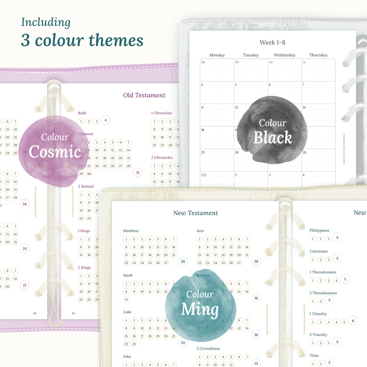 Three colour variants of the Bible study kit design themes Cosmic/Raspberry, Black, and Ming/Blue Green