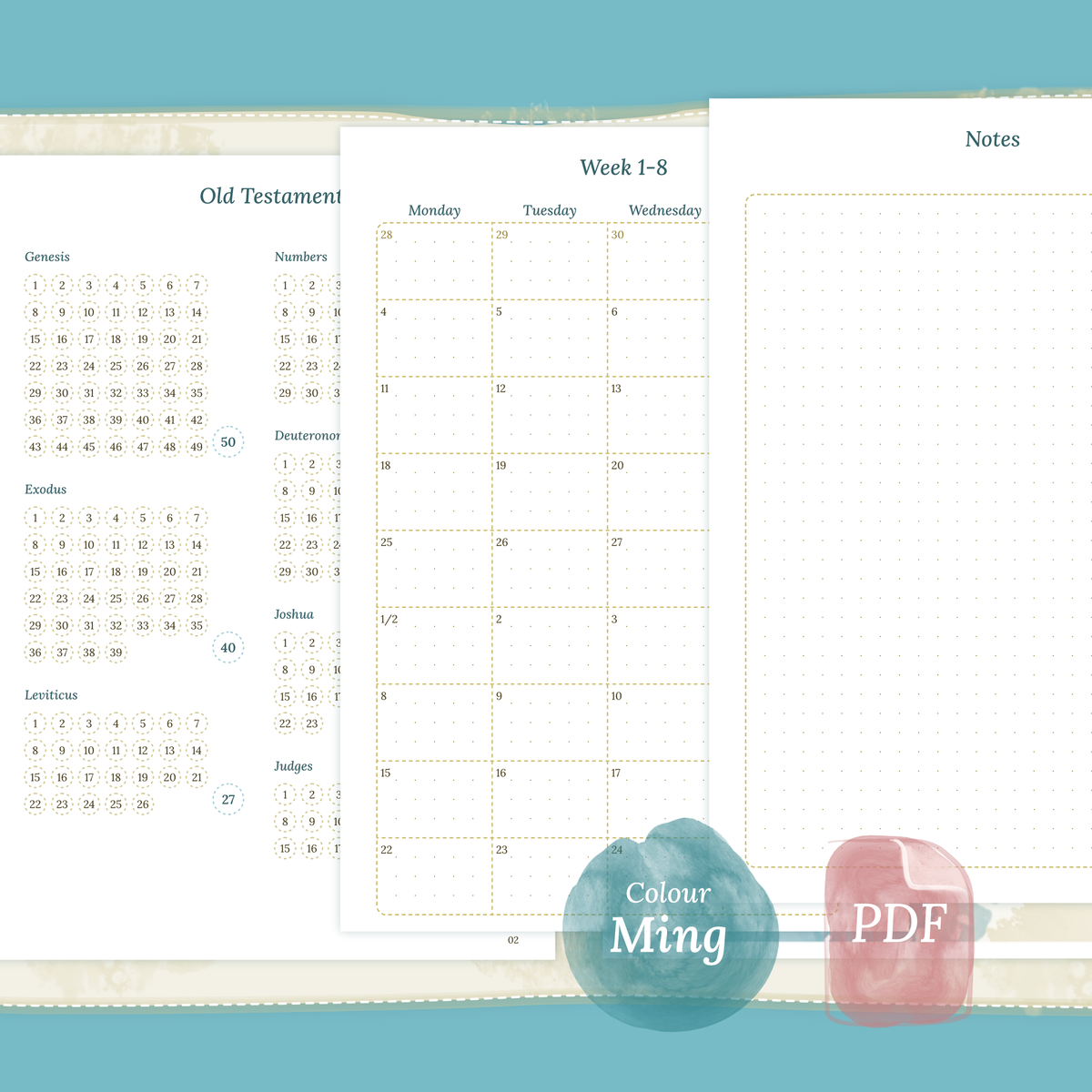 A5 PDF printable Bible study kit inserts Bible journey map, Monthly and Notes colour Ming/Blue Green