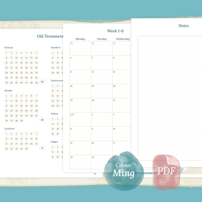 A5 PDF printable Bible study kit inserts Bible journey map, Monthly and Notes colour Ming/Blue Green
