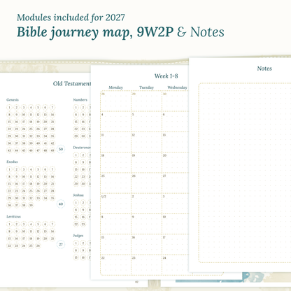 Bible study kit PDF printable inserts with modules for 2027 featuring a Bible journey map, monthly and a Notes module
