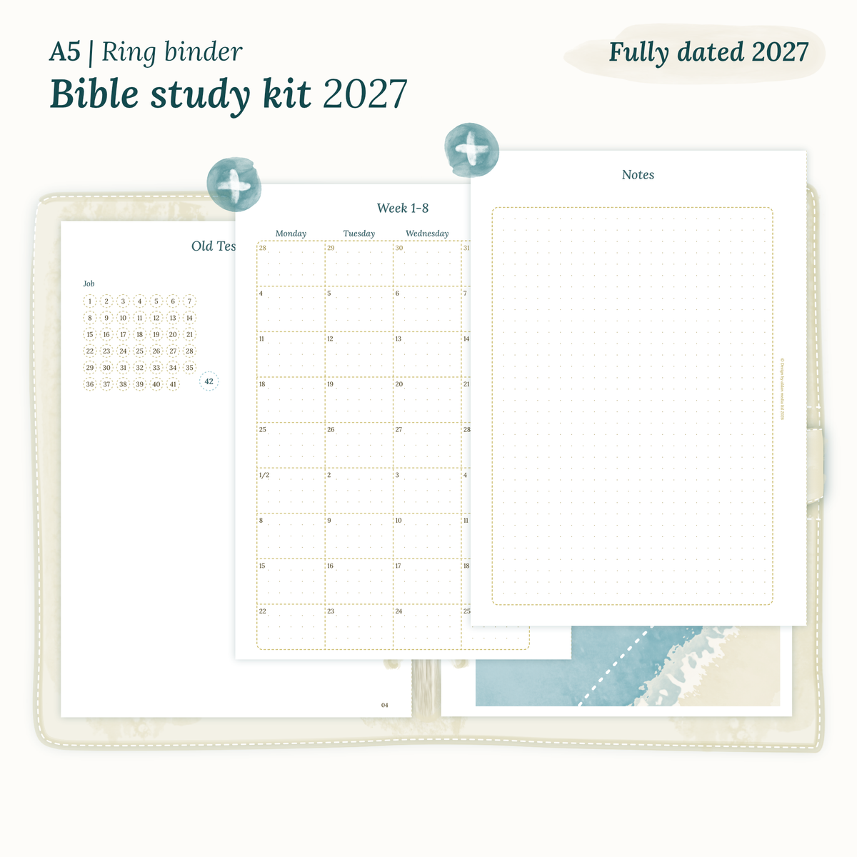 Fully dated 2027 PDF printable Bible study kit for A5 ring binder planner including monthly calendar