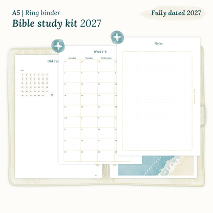 Fully dated 2027 PDF printable Bible study kit for A5 ring binder planner including monthly calendar
