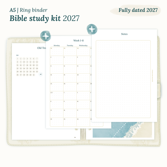 Fully dated 2027 PDF printable Bible study kit for A5 ring binder planner including monthly calendar