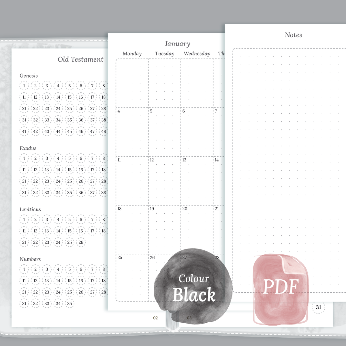 Black & White themed Bible journey map, Monthly and Notes for Personal Ring Binder planner