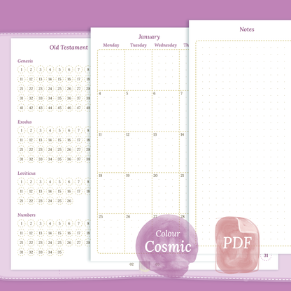 PDF printable Bible study kit inserts Bible journey map, Monthly and Notes in the colour Cosmic/Raspberry Personal