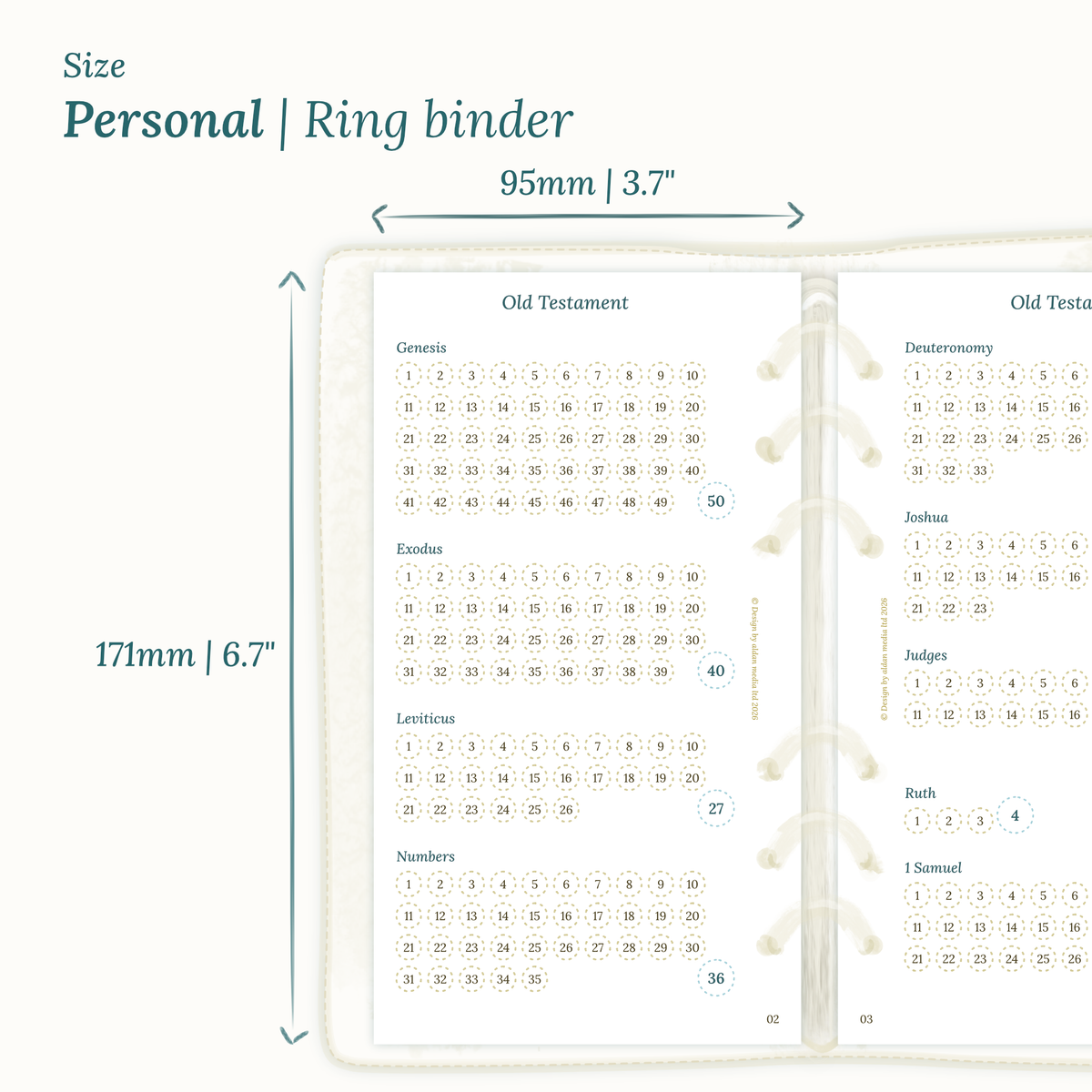 Dimensions labeled on a white background showing Personal Ring Binder Calendar PDF printable planner size