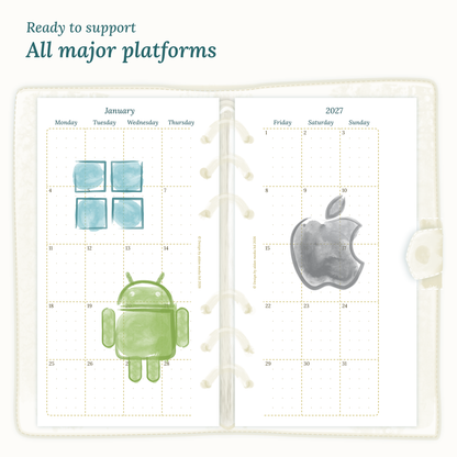Open planner insert next to Windows, Android, and Apple logos indicating operating system compatibility