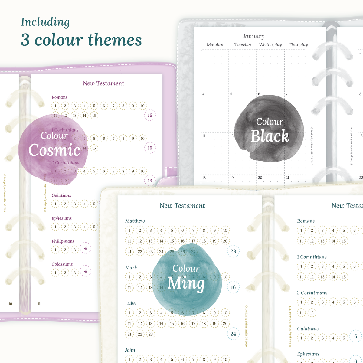 Three colour variants of the Bible study kit design themes Cosmic/Raspberry, Black, and Ming/Blue Green