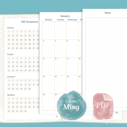 Personal PDF printable Bible study kit inserts Bible journey map, Monthly and Notes colour Ming/Blue Green