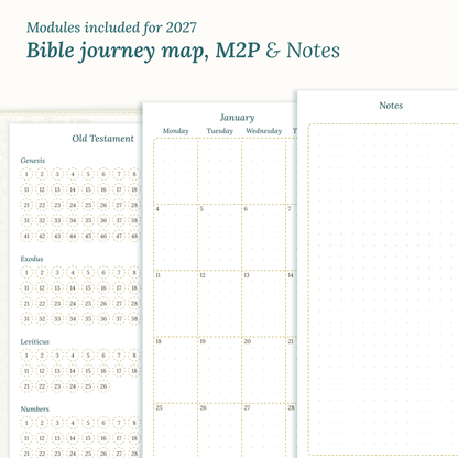 Bible study kit PDF printable inserts with modules for 2027 featuring a Bible journey map, monthly and a Notes module
