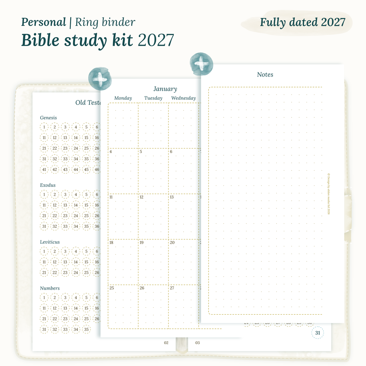 Fully dated 2027 PDF printable Bible study kit for Personal ring binder planner including monthly calendar