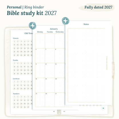 Fully dated 2027 PDF printable Bible study kit for Personal ring binder planner including monthly calendar