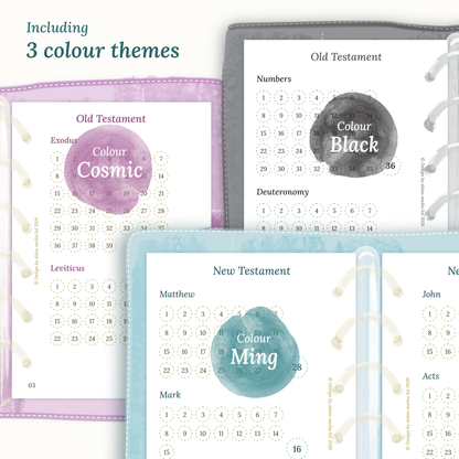 Three colour variants of the Bible study kit design themes Cosmic/Raspberry, Black, and Ming/Blue Green