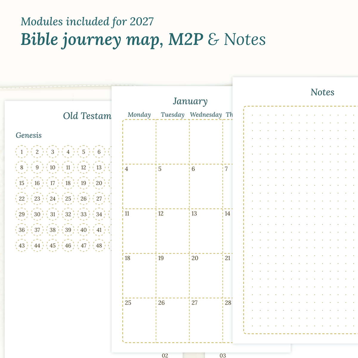 Bible study kit PDF printable inserts with modules for 2027 featuring a Bible journey map, monthly and a Notes module