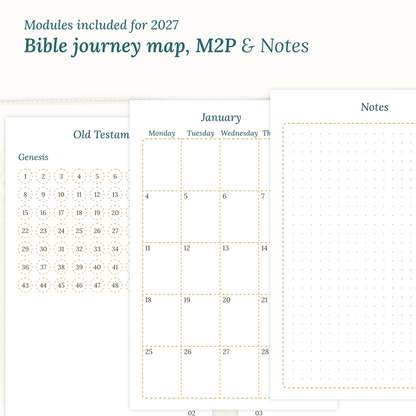 Bible study kit PDF printable inserts with modules for 2027 featuring a Bible journey map, monthly and a Notes module