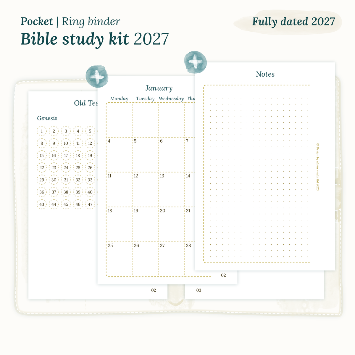 Fully dated 2027 PDF printable Bible study kit for Pocket ring binder planner including monthly calendar